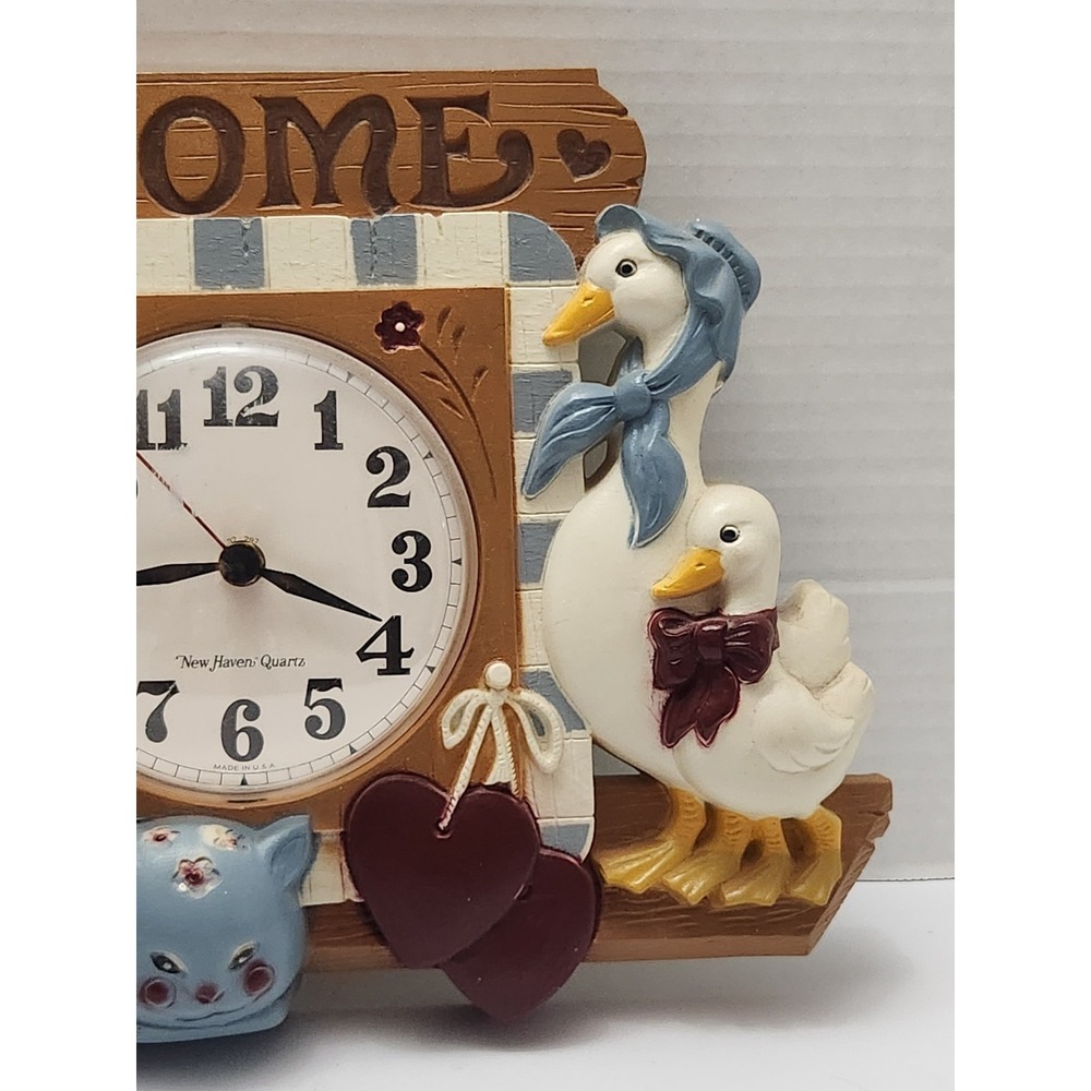 Burwood Homco New Haven "Welcome" Wall Clock Geese Cat Design USA Vintage - Picture 4 of 7